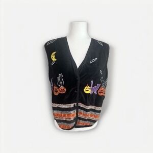 VTG Victoria Jones Halloween‎ Black Cat Pumpkin Velvet Vest M Bats